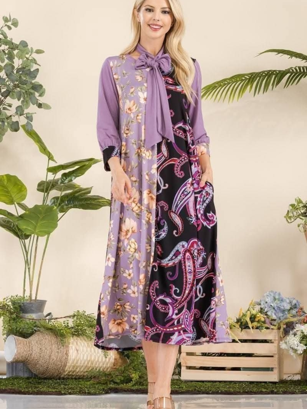 Celeste Lavender and Black Mixed-Print Midi Dress